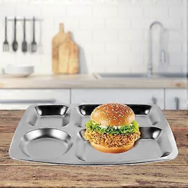 Opdelt middagsbakke i rustfrit stål, skolekantine, opdelt madtallerken, tallerken i rustfrit stål