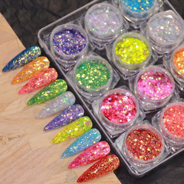 12 Färger Nagelflingor Glansiga Reflekterande Hög Mättnad Spegelglitter