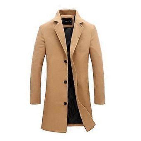 Yllerock Formell Kostymkrage Långärmad Mellanlång Herrjacka Enfärgad Enkelknäppt Kontor Business Ytterkläder (XL khaki)