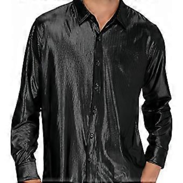 Herre Disco Skjorter Skinnende Langærmet Skjorte (2XL Sort)