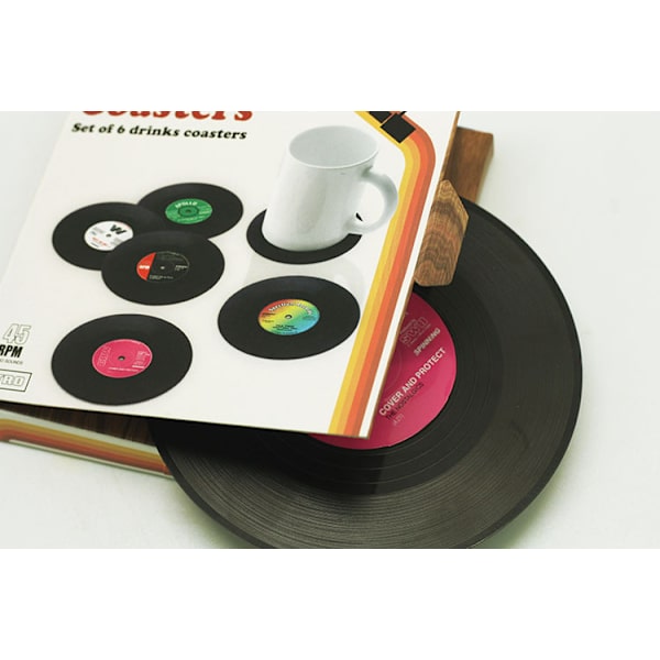 6 vinyyli-alustaa retro-CD-levyllä, juoma-alusta, alusta, Re