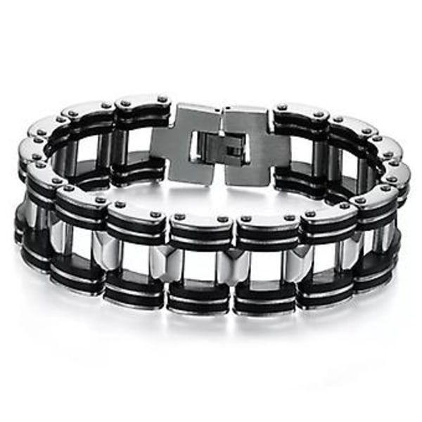 Silverfärgat armband i rostfritt stål med svart gummilänk för män ( )