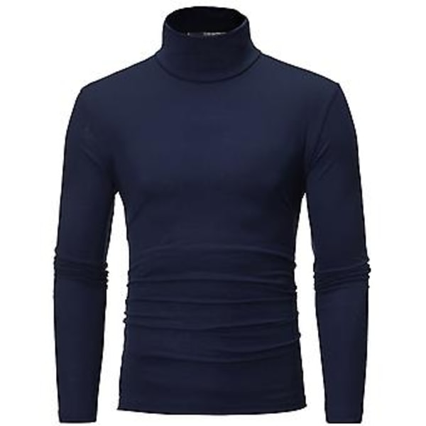 Fianao T-shirt Solid Farve Langærmet Bomuld Mænd Høj Hals Slim Basic Top til Forår (XXL Blå)