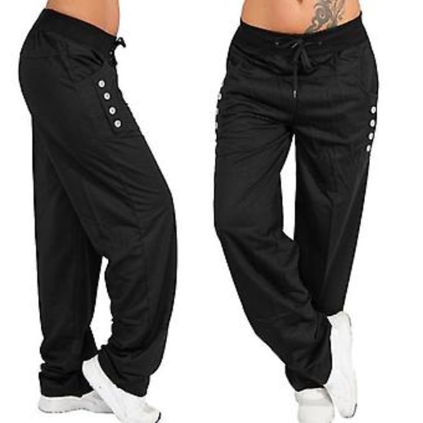 Dame Sweatpants Straight Leg Løse Løbebukser Behagelige Snørebukser Sports Gym Bukser Med Lommer Plus Size (L Sort)