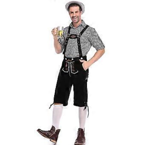 Tysk traditionel herre Oktoberfest-beklædning ternet skjorte broderede seler sæt (XL sort skjorte og sorte overalls)
