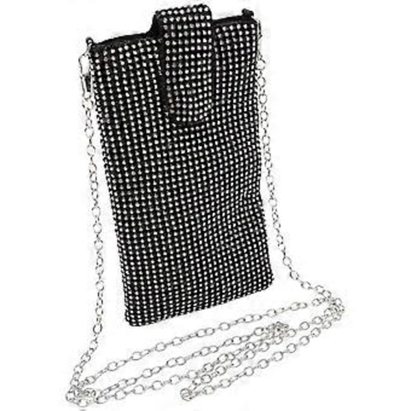 Mini kännykkälaukku kristalli pitkä olkalaukku timantti crossbody-laukku kuulokkeille puhelimelle pienille tavaroille (musta)