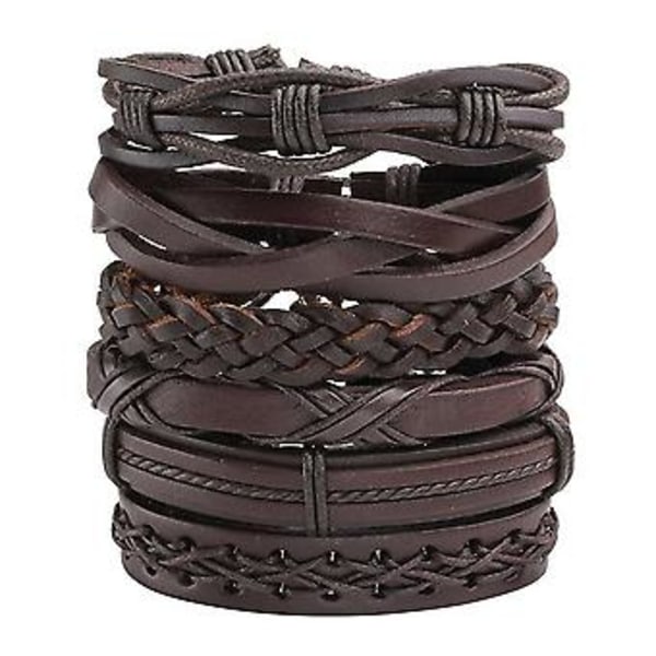 6-pak Herre Dame Brun Flettet Læderarmbånd Cuff Wrap Armbåndsæt Gave ( )