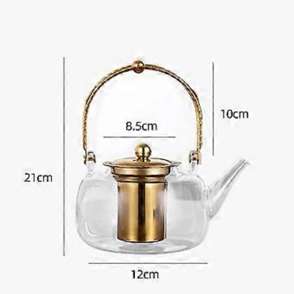 Glastekande med si 1000 ml Klar tekedel til blomstrende te og løs te, tekande til køkkenet, gave til teelskere, camping, hjem (Gylden)