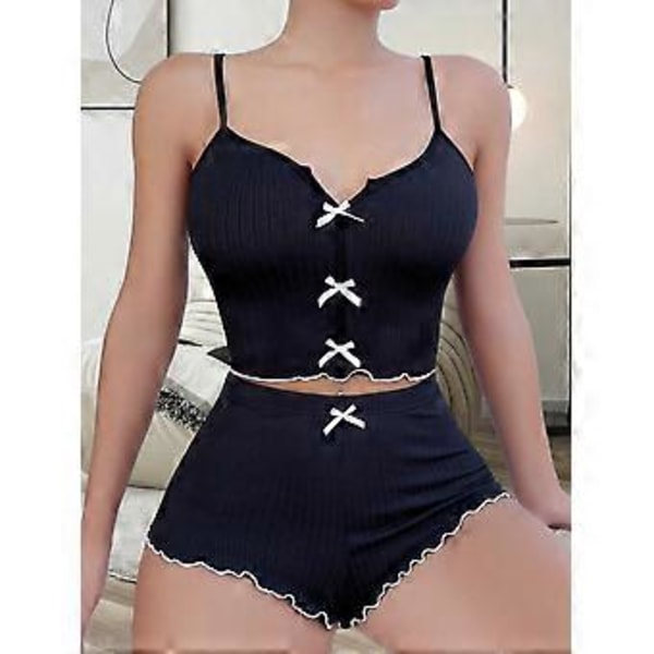 Dame Pyjamassæt Sexet V-Hals Sling Top og Elastiske Talje Shorts Sæt Lounge Nattøj Sæt (XL sort)