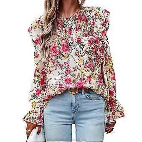 Dam Höst Puff Långärmad T-shirts Rundhalsad Toppar Bohemisk Blommig Tryck Blusar Skjortor Smockade Manschetter Tunikor Toppar Vit XL(XL Vit)