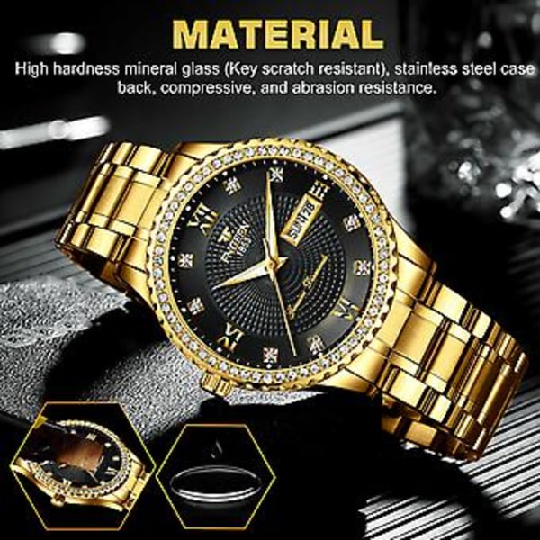 Vandtæt Guld Herre Quartz Ur Klassisk Rustfrit Stål Analog Business Mode (Sort)