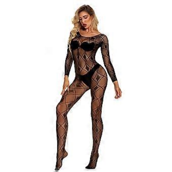 Sexet lingerisæt sexet mønstret heldragt strømper udhulet skridt tights gennemsigtig langærmet net tøj (hvid)