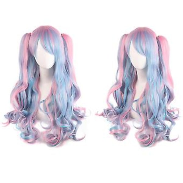 JUSCH Lolita Lång Lockig Clip-on Hästsvans Cosplay Peruk, Dubbel Hästsvans Tiger Clip Lång Lockig Peruk (Rosa/Blå/Blond),WZ-1352R