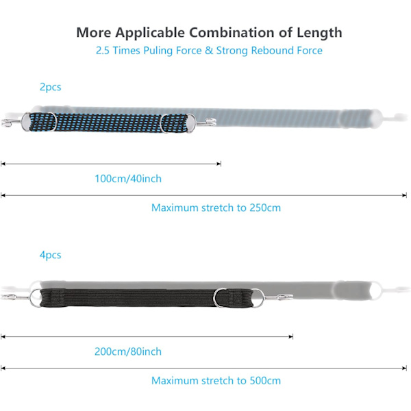 6 elastiske snore med krog 4 ekstra lange sorte elastikker 2 m og 2 b