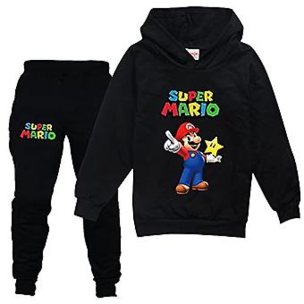 Super Mario Barnkläder för Barn, Tröja med Huva och Joggingbyxor, 2-delad Set, Sweatsuit för Pojkar och Flickor (9-10 År, Svart)
