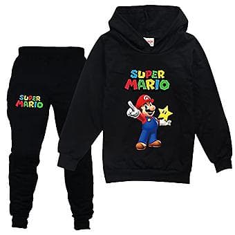 Super Mario Børne Træningsdragt Pullover Hættetrøje Joggingbukser Sæt 2 Dele Træningssæt Til 7-14 årige Drenge Og Piger (7-8 År Sort)
