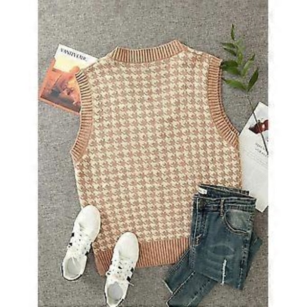 Dam Houndstooth-mönstrad Stickad Tröjväst Ärmlös Lös V-ringad 90-tals Väst Pullover Stickad Topp