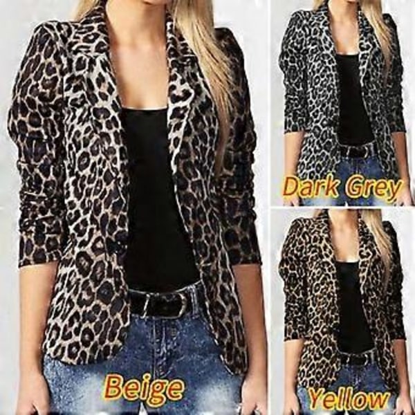 Dam Blazer Kostymer med Nedvikt Krage, Långärmad, Leopardtryck, Lös Passform, Knappknäppning, Plusstorlekar (S beige)