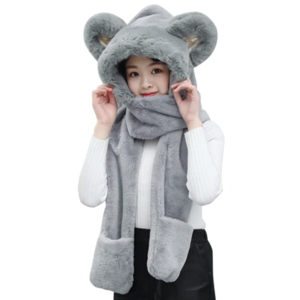 GRAY 3 In 1 Set Kids Hooded Scarf Warm Plush Gloves Mittens