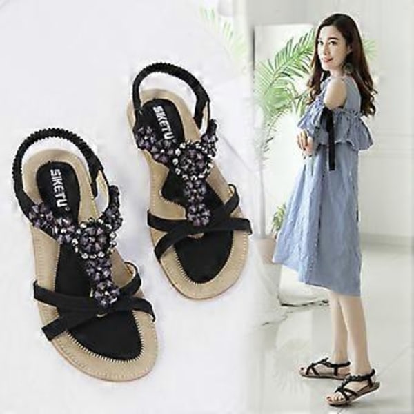 Sandaler for kvinner, bohemske blomster med strass, flate sko, strandsko (36 Aprikos)