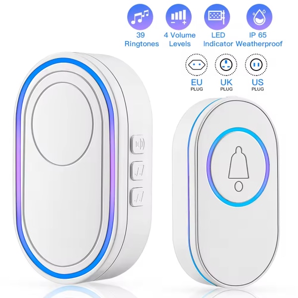 2 doorbells and 1 button, wireless doorbell, 39 tunes, waterproof