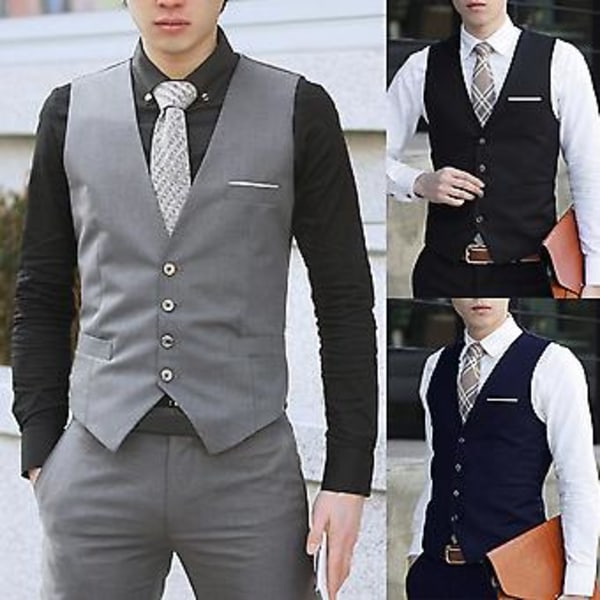 Fianao Väst för Män, 4 Knappar, V-ringad, Ärmlös, Slim Fit, Arbets- och Bröllopsväst (M Marinblå)