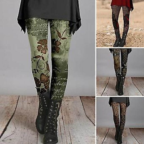 Naisten kapea housut syksy-talvi vintage etninen tyyli kukka painatus super venyvä slim fit korkea vyötärö pitkät leggingsit housut naisten vaatteet (S musta)