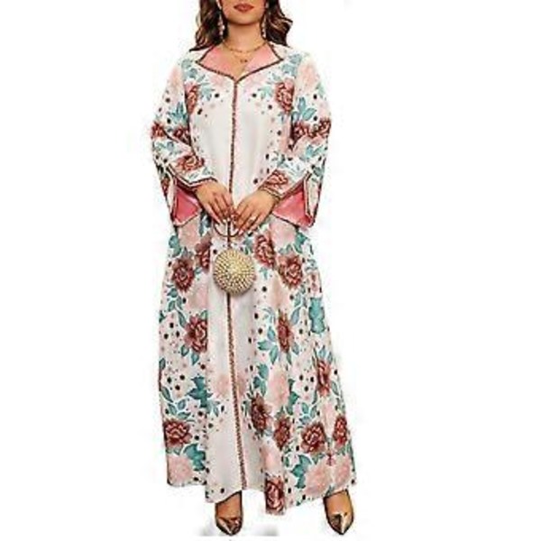 Naisten islamilainen kaftaani mekko, täyspitkä kaftaani mekko, Lähi-idän viitta mekko, kukkakuvioinen islamilainen mekko, valkoinen S (S valkoinen)