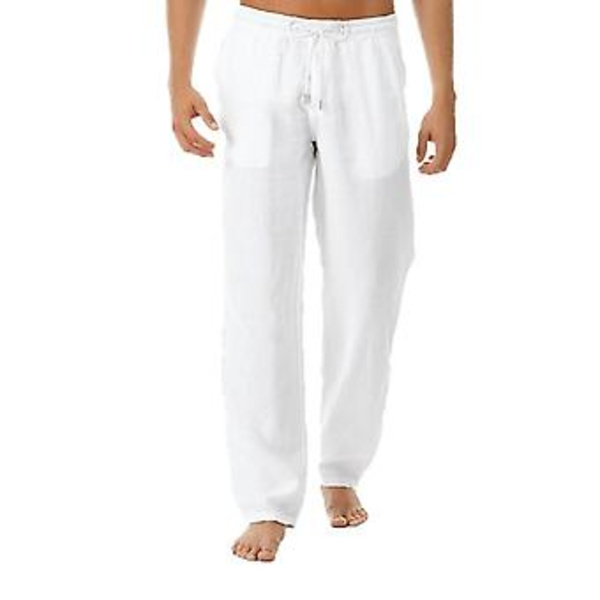 Män Linnelookiga Lösa Byxor Elastisk Midja Casual Strand Yoga Byxor-r (2XL vit)