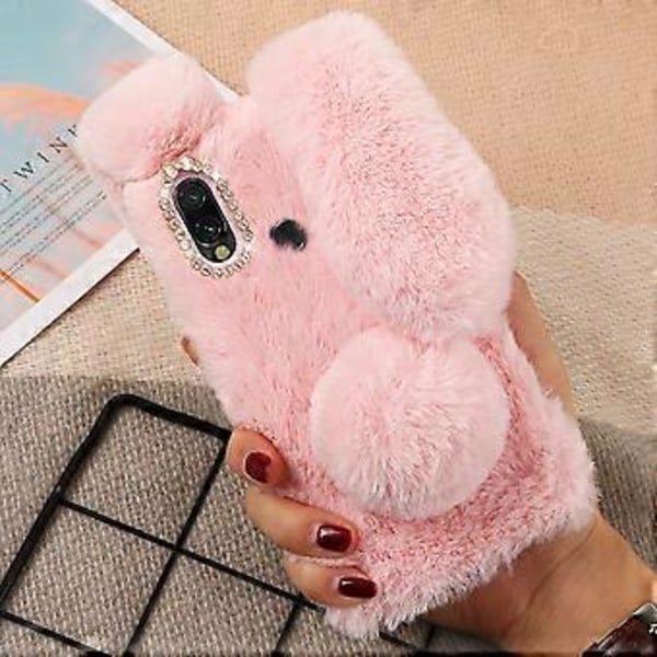 Rosa Plysch Kanin Design Mobilskal Mode Strass Stötsäkert Skal Varmt Skydd Kompatibelt med Galaxy A40