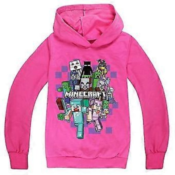 Minecraft Barn Tryckt Hoodie Casual Långärmad Tröja med Huva (9-10 År Rosröd)