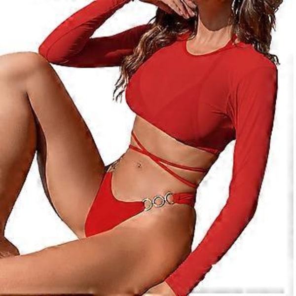 Pustende Island Goddess tredelt badedrakt bikini langermet mesh kåpe bikini perfekt for vannaktiviteter rød S(S rød)