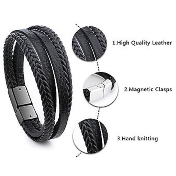 Magnetisk Herre Læder Armbånd Flettet Armbånd Armring (Sølvspænde & Sort)
