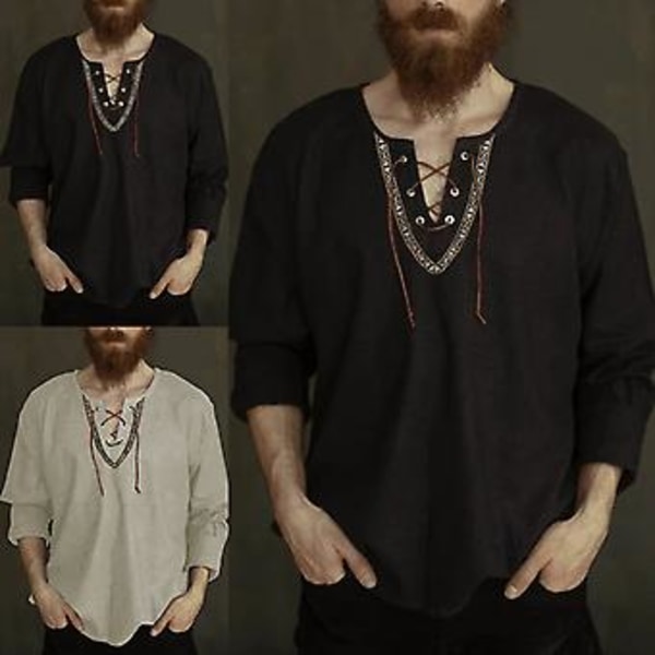 Fianao Mænds Skjorte med Fast Farve, Snøring Fortil, V-Hals, Langærmet, Løstsiddende, Streetwear (L Sort)