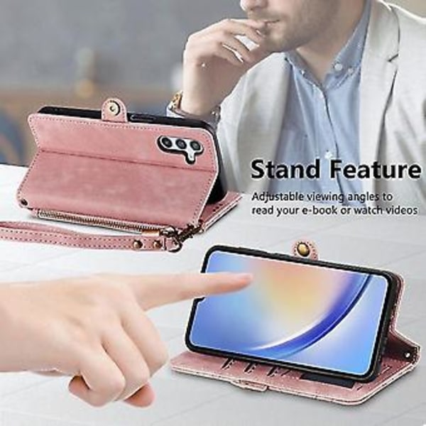 Geometriskt blixtlåsfodral med sidospänne i läder för Samsung Galaxy A34 5g (rosa)(Rosa)