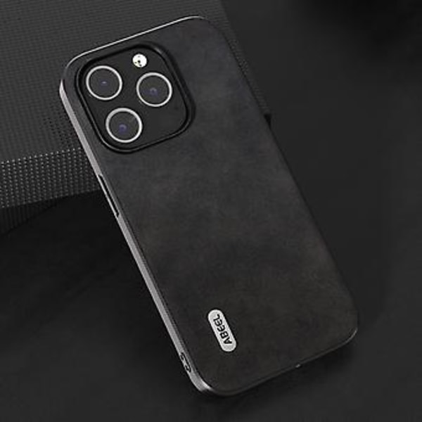 Kalvläder PU-fodral för iPhone 15 Pro (Svart)