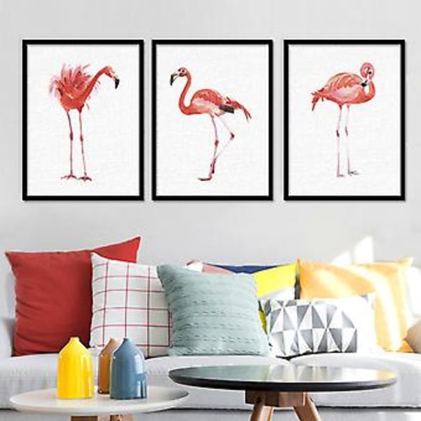 Wekity Flamingo Væghængt Kunstlærred Trykt Poster, Enkel Mode Akvarel Kunsttegning Dekoration til Hjemmet Stue Soveværelse Kontor og Børneværelse (Sæt