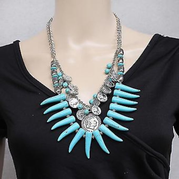 Elfenbensfarget Turkis Bib Halskjede Kjede Statement Mynter Henger Chunky Choker Smykker ( )