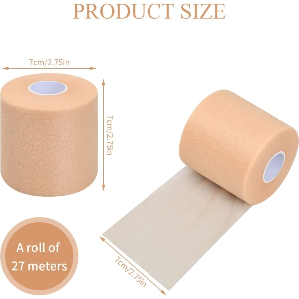 (Skin)2 Rolls Sports Foam Tape 7cmx27m, Pre-Wrap Athletic Non-Adhesive Hypoallergenic Tape, Underwra