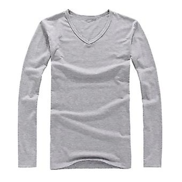Fianao Mænds Mode Slank Pasform Bomuld V-hals Langærmet Casual T-shirt Kort Top (XL Grå)