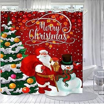 Duschdraperi med konstnärlig grön julgranstryck Badrum, Röd Tomte Snögubbe Vattentät Draperi för Badkar, Polyester Duschdraperifoder (180x180cm)