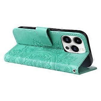7-bladets Blomster Præget Læderetui Til iPhone 15 Pro (Grøn)