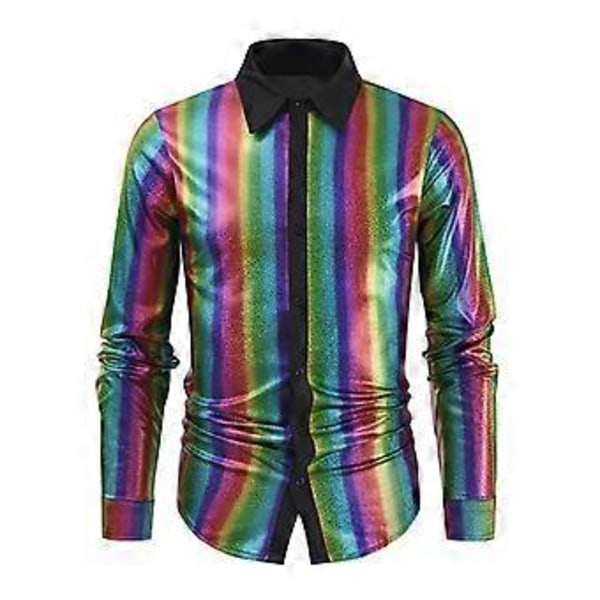 Herre Skjorte Langærmet Geometrisk Knap Lapel Skinnende T-shirt (L Multicolor)
