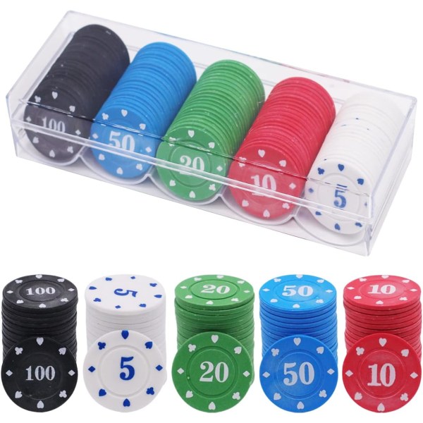 4x0,2 cm-Casino Tokens Paket med 100 akrylpokermarker med box för