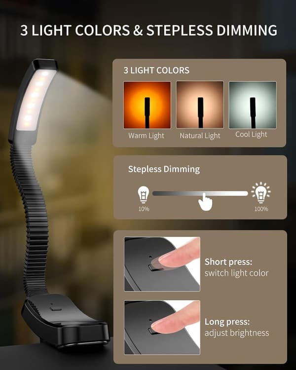 Leselys, 10 LED-er Leselampe med 3 Lysfarger, 1000mAh R