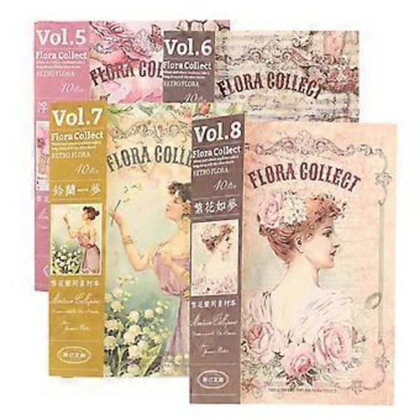 4 Böcker DIY Materialpapper DIY Hantverkspapper Blommönster Scrapbook Vintage Scrapbook-papper