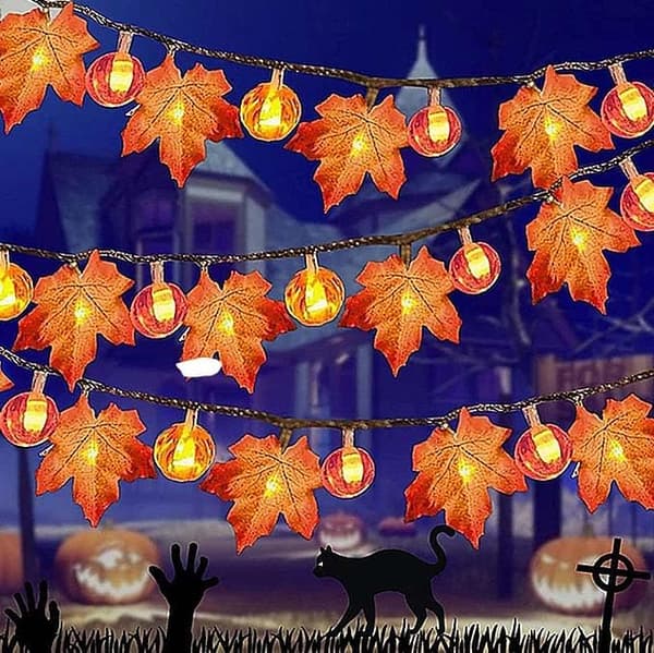 Halloween runde gresskar- og lønnebladlyslenker, 6m 40LED USB, festlig festdekorasjon 6m 40LED USB