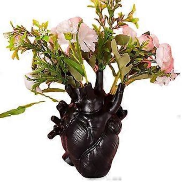 Hjärtvas för blommor, blomkruka i harts, kreativ hjärtformad konstvas, skrivbordsplanteringsskulpturer prydnadshantverk (svart)