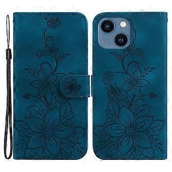 För iPhone 15 Plus präglat liljeblomfodral stötsäkert PU-läder plånboksställskal (stil C)