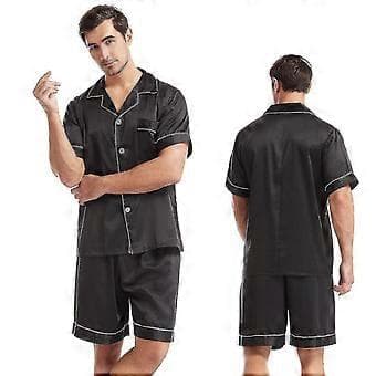 Mænd Satin Silke Blød Nattøj Pyjamas Sæt_y V (XL Sort)